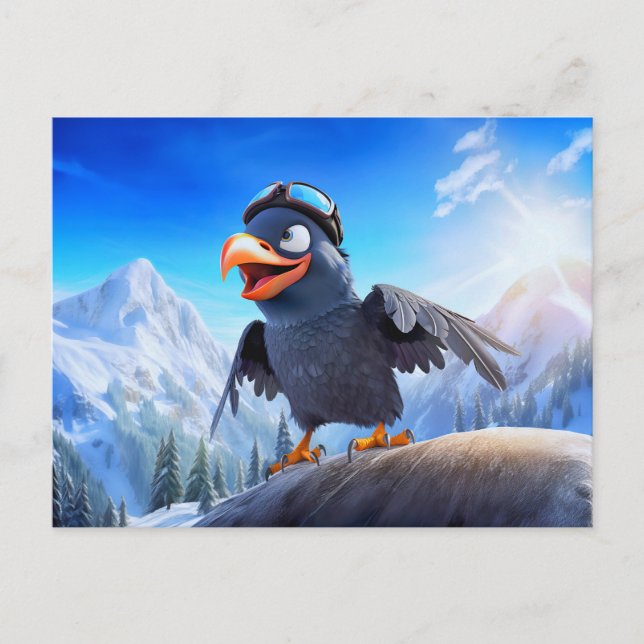 Mountain Launch Raven With Ski Goggles In Winter T Postcard (Front)