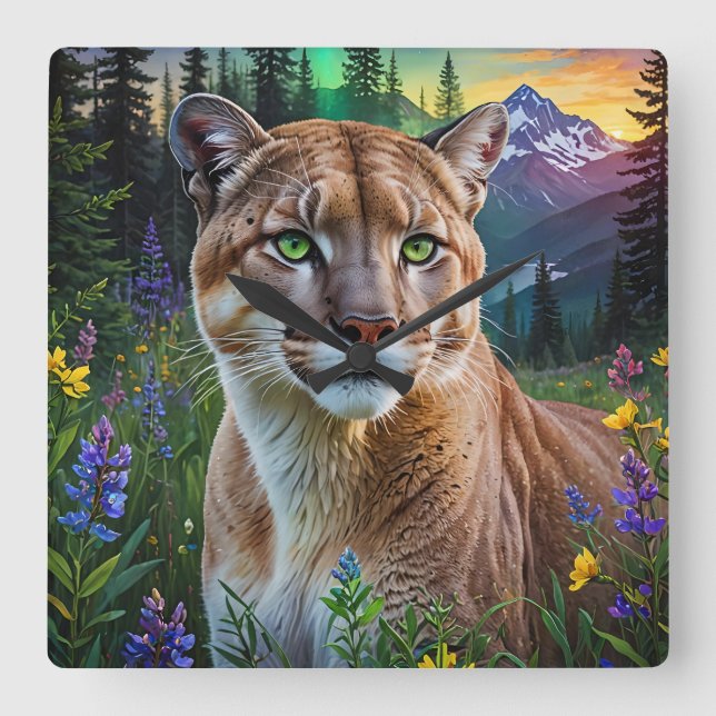 Mountain Lion Floral  Square Wall Clock (Front)