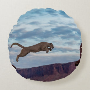 Mountain Lion Jumping Morning Skyjump,lion,animal, Round Pillow