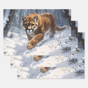 Mountain Lion Prowling in the Snow Decoupage Wrapping Paper Sheet