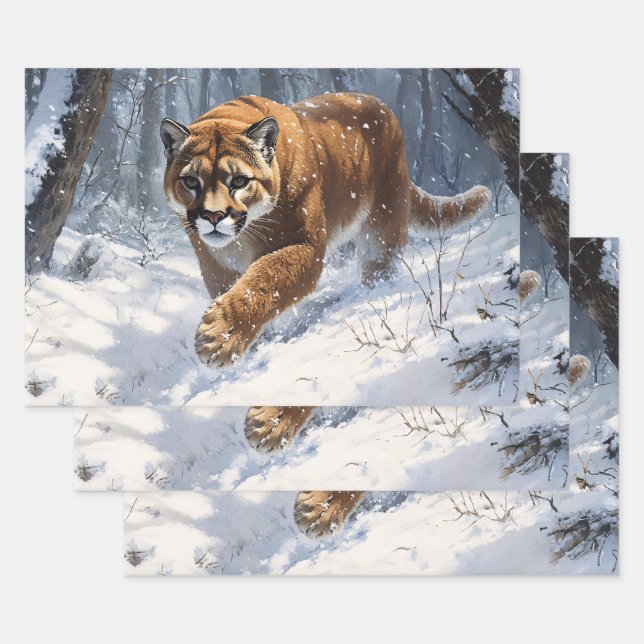 Mountain Lion Prowling in the Snow Decoupage Wrapping Paper Sheet (Set)