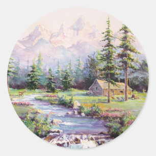 MOUNTAIN LOG CABIN by SHARON SHARPE Classic Round Sticker
