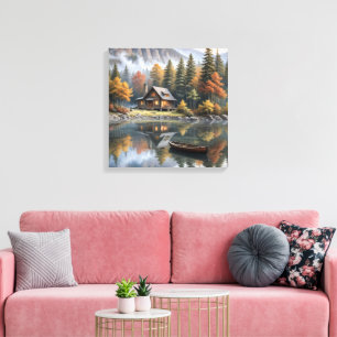 Mountain Log Cabin With Rowboat On a Lake Canvas Print