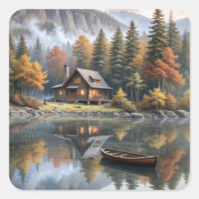 Mountain Log Cabin With Rowboat On a Lake Square Sticker (Front)