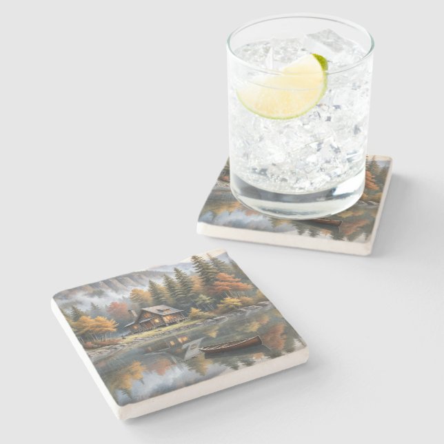 Mountain Log Cabin With Rowboat On a Lake Stone Coaster (Side)