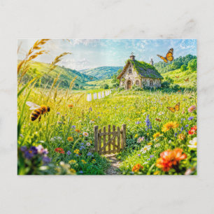 Mountain Meadow Cottage with Flowers, Gate and But Postcard