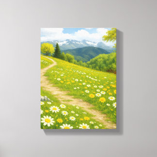 Mountain Meadow Path with Spring Daisies Art Canvas Print