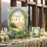 Mountain Meadow Wildflower Forest Rustic Wedding Table Number<br><div class="desc">DINNER RECEPTION TABLE NUMBERS | Art Nouveau style arched border focusing on a beautiful mountain scene with tall pines, woodland wildflowers in a meadow and a delicate vining leaf foliage for a romantic marriage in the mountains. Magical, ethereal with a portal to everlasting love. The reverse side has the same...</div>