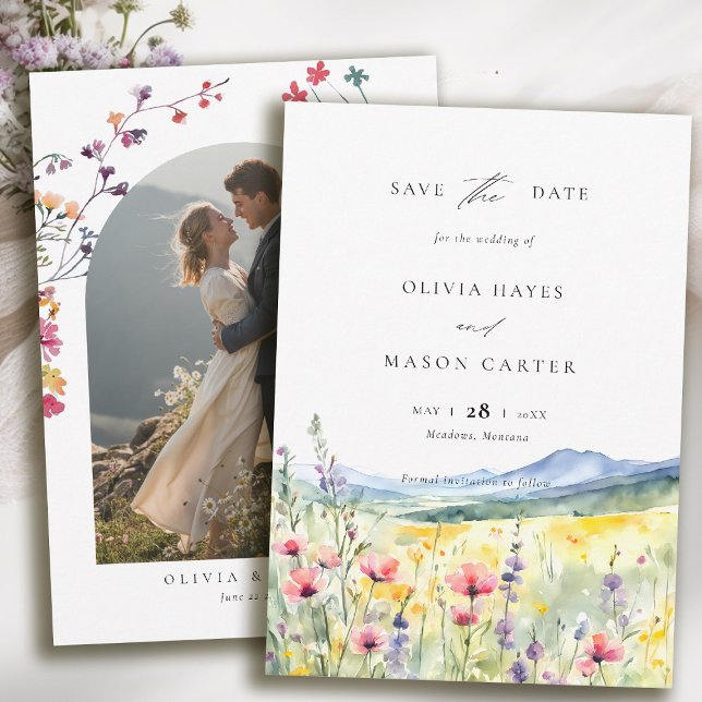Mountain Meadow Wildflowers Modern Boho Wedding Save The Date (mountain wedding save the date boho arch wildflowers meadow floral watercolor modern calligraphy)