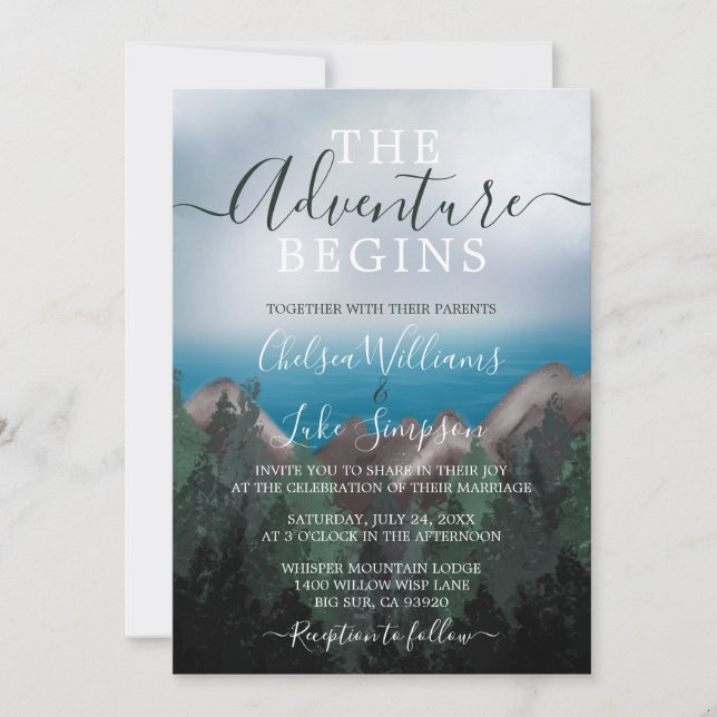 Mountain Meets Ocean The Adventure Begins Wedding Invitation (Front)