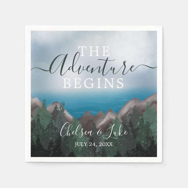 Mountain Meets Ocean The Adventure Begins Wedding Napkin (Front)