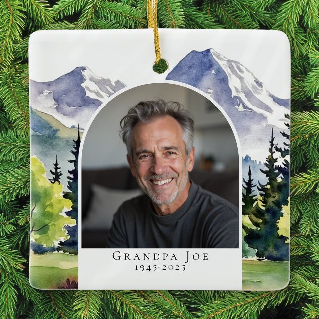 Mountain Memorial Photo Keepsake Ceramic Ornament (Creator Uploaded)