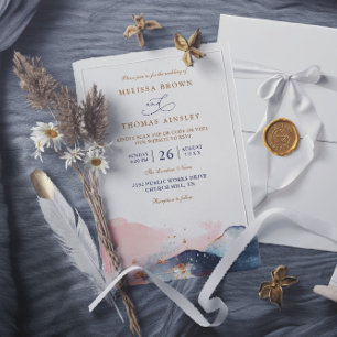 Mountain Modern Watercolor Navy QR Code Wedding Invitation