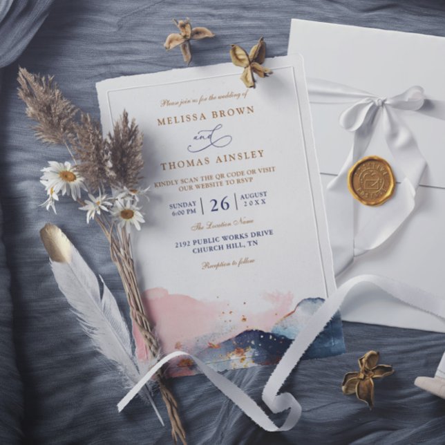 Mountain Modern Watercolor Navy QR Code Wedding Invitation (Creator Uploaded)