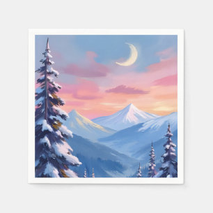 Mountain Moon Winter Watercolor Painting Napkin