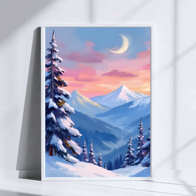 Mountain Moon Winter Watercolor Painting Poster (Creator Uploaded)