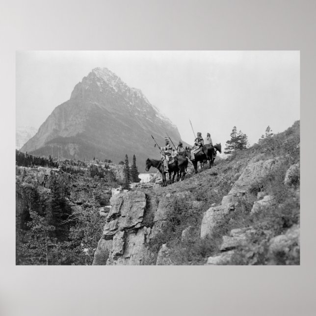 Mountain & Native Americans Horseback at Cliff   Poster (Front)