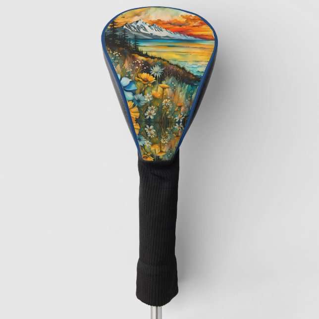 Mountain On the Water-Sunset Wildflowers Landscape Golf Head Cover (Front)