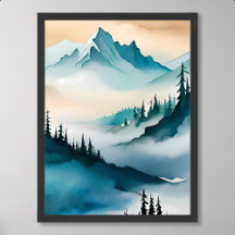 mountain painting blue hill fog cloud pine tree