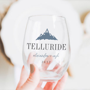 Mountain Peaks Destination Wedding Favour Stemless Wine Glass