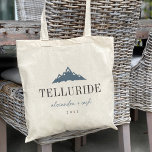 Mountain Peaks Destination Wedding Welcome Tote Bag<br><div class="desc">Welcome guests to your wintry destination wedding with these chic and modern personalized tote bags. Design features an illustration of snowy mountain peaks in blue with your wedding destination beneath (shown with Telluride, Colorado) in classic serif lettering. Add your names beneath in handwritten cursive script, as well as the year....</div>