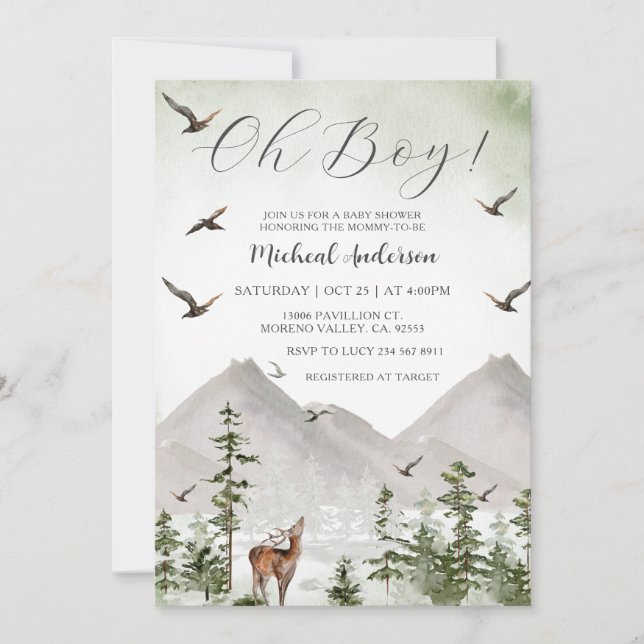 Mountain Pine Tree Forest Deer Boy Baby Shower Invitation (Front)