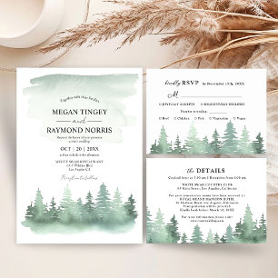 Mountain Pine Tree Watercolor Rustic Wedding Invitation