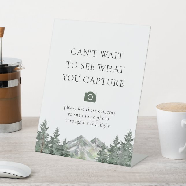 Mountain Pine Tree Wedding Disposable Cameras Sign (In SItu)