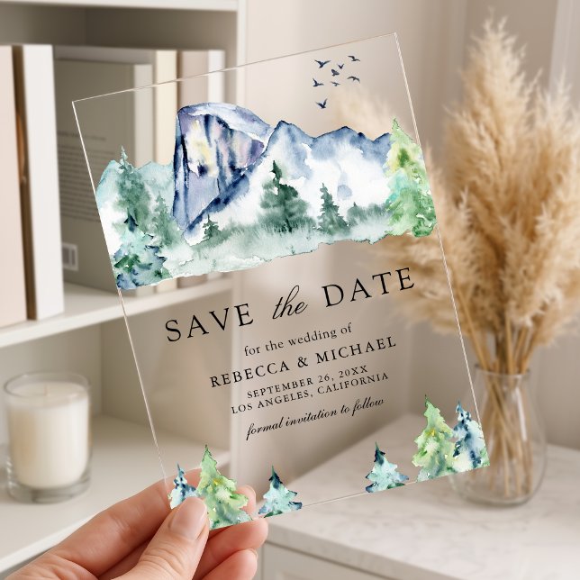 Mountain Pine Trees Forest Wedding Save the Date Acrylic Invitations (Creator Uploaded)