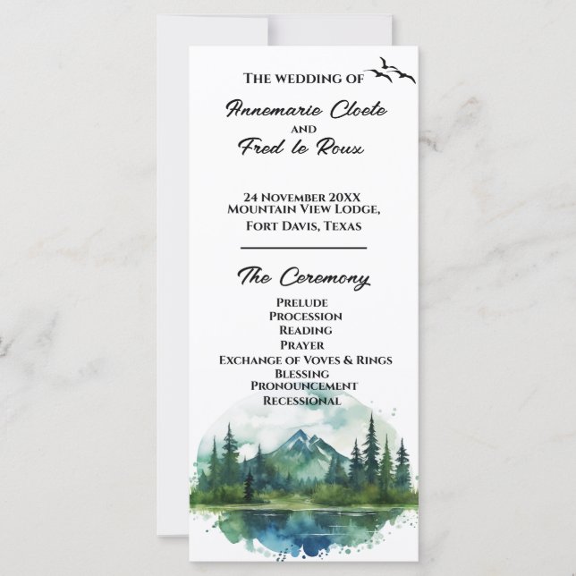 Mountain & Pine Trees Wedding Ceremony Program (Front)