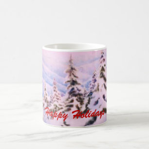 Mountain pines with heavy snow in pink dawn coffee mug