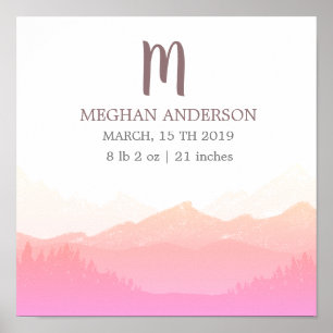Mountain Pink   Personalized Baby Birth Poster