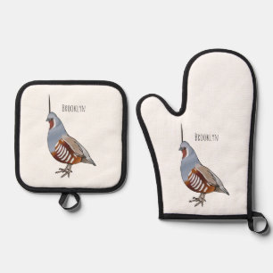 Mountain quail bird cartoon illustration oven mitt & pot holder set