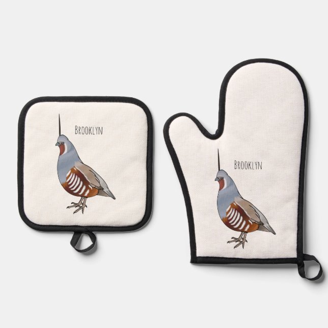 Mountain quail bird cartoon illustration oven mitt & pot holder set (Front)