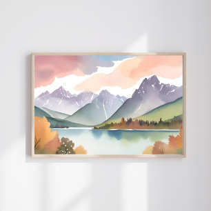 Mountain Range   Airy Nature Watercolor Landscape Poster