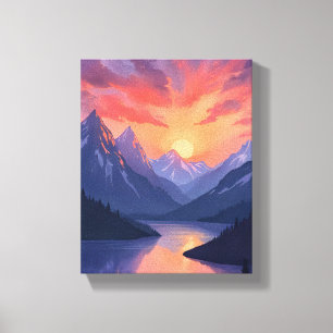 Mountain Range Sunset   Watercolor Lake Landscape Canvas Print