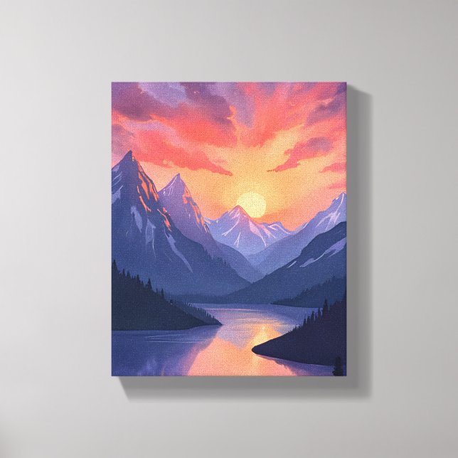 Mountain Range Sunset | Watercolor Lake Landscape Canvas Print (Front)