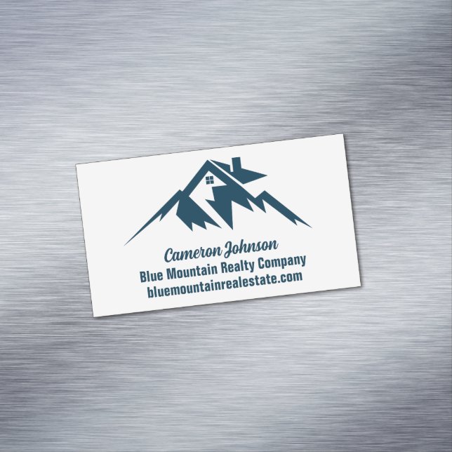 Mountain Real Estate Company Custom Blue White Magnetic Business Card (In Situ)
