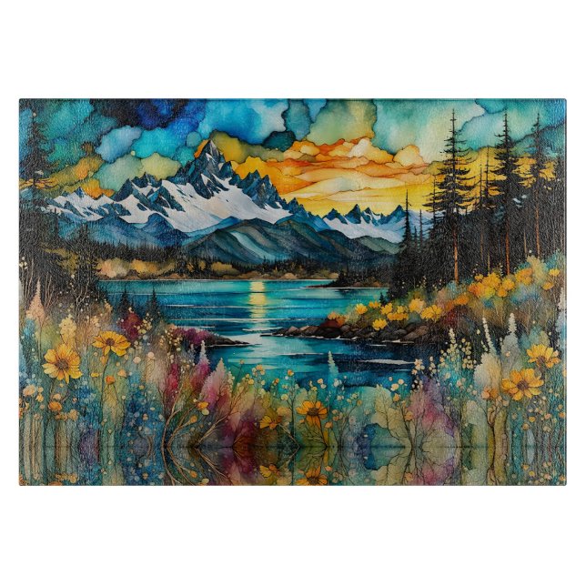 Mountain River and Wildflowers Landscape Cutting Board (Front)