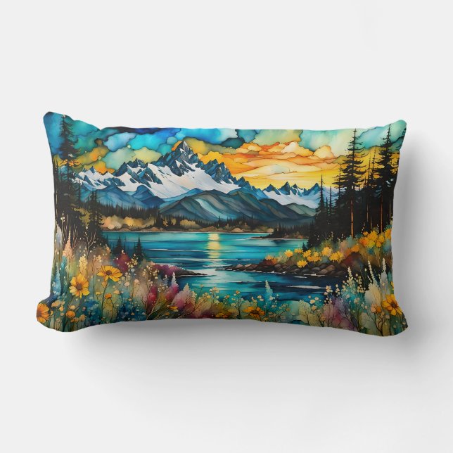 Mountain River and Wildflowers Landscape Lumbar Pillow (Front)