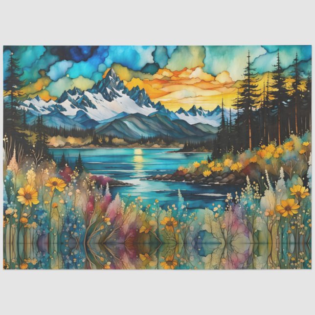 Mountain River and Wildflowers Landscape Tissue Paper (Front)