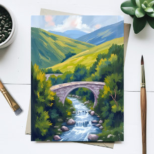 Mountain River Bridge Green Watercolor Landscape Postcard