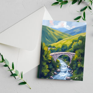 Mountain River Bridge Green Watercolor Nature Card