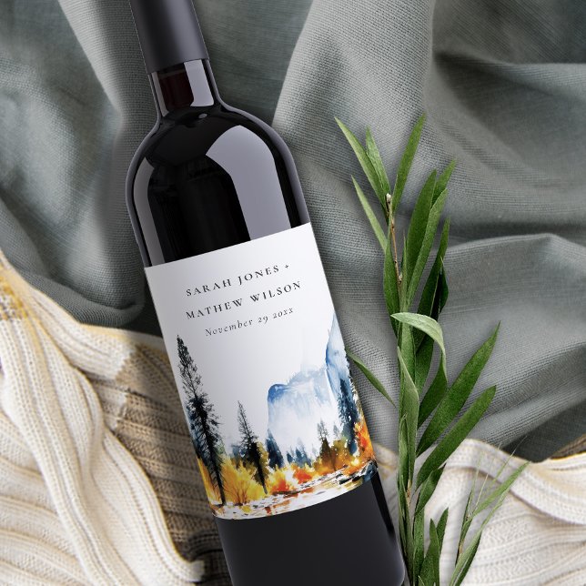 Mountain River Fall Winter Landscape Wedding Wine Label (Creator Uploaded)