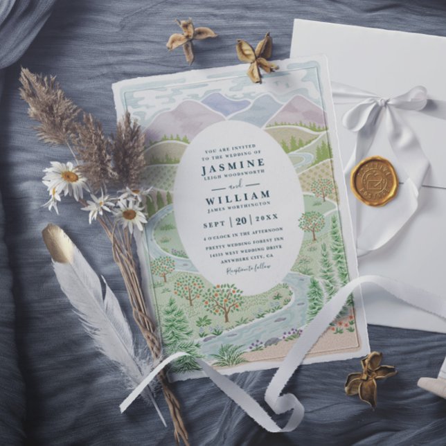 Mountain River Forest Trees Rustic Lake Wedding Invitation (Creator Uploaded)