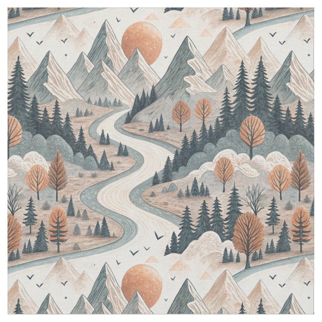 Mountain River Landscape Boho Abstract Pattern Art Fabric (Close Up)