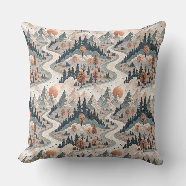 Mountain River Landscape Boho Abstract Pattern Art Throw Pillow (Front)
