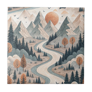 Mountain River Landscape Boho Abstract Pattern Art Tile