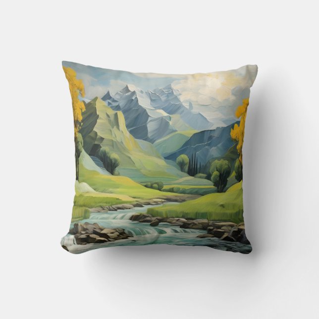 Mountain River Landscape Green Forest Throw Pillow (Front)