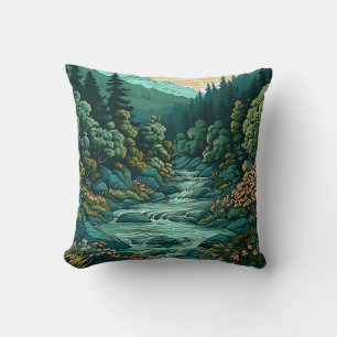 Mountain River Landscape Throw Pillow
